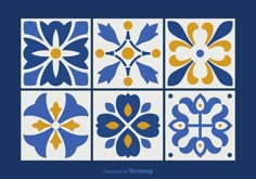 blue and yellow tile designs on a white background with the words design by wednesday written below