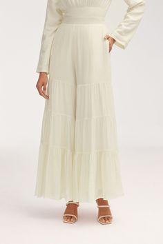 Bushra Palazzo Wide Leg Pants - Off White Clothing Veiled Festive Floor-length White Palazzo Set, Traditional White Floor-length Palazzo Set, Festive White Palazzo Set With Naqshi Details, Semi-stitched Off White Chanderi Palazzo Set, Luxury Off-white Cotton Palazzo Set, Tie Waist Maxi Dress, Dresses Flowy, White Dress Formal, Nikkah Dress