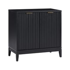 a black cabinet with two gold handles on the top and bottom, against a white background