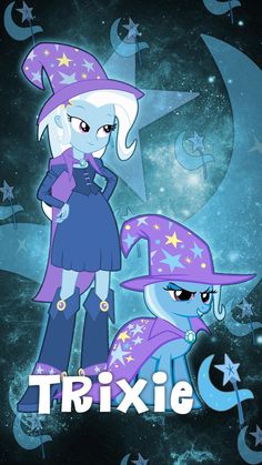 two cartoon characters standing next to each other in front of stars and the words trixie