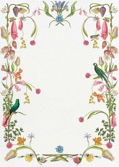 a watercolor painting of flowers and birds on a white background with an empty space in the center