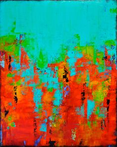 an abstract painting with orange and green colors