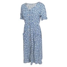 Blue V Neck Button Down Floral Dress with Pocket Casual Blue Dress With Buttons, Blue Short Sleeve Midi Dress With Button Closure, Blue Midi Dress With Short Sleeves And Button Closure, Blue Midi Dress With Buttons For Day Out, Casual Floral Print Button-up Midi Dress, Casual Blue Midi Dress With Button Closure, Blue Midi Dress With Button Closure For Day Out, Blue Button-up Midi Dress, Blue Midi Dress With Buttoned Pockets