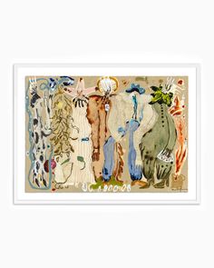 an art print with people and animals in different colors on the bottom half of it