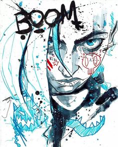 a drawing of a man with blue paint on it's face and the word boom written in black ink