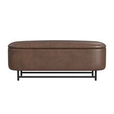 a brown leather bench with metal legs