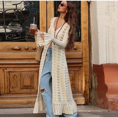 Boho Breeze Hollow Knit Flare Sleeve Cardigan – itsshirty Long Flare Dress, Update Wardrobe, Looks Hippie, Look Boho Chic, Slim Fit Coat, Beach Holiday Dresses, Women Long Cardigan, Boho Rock, Casual Outwear