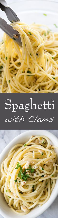 spaghetti in a white bowl with parsley on top and the words spaghetti side by side