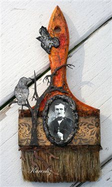 an altered photo is hanging on the side of a wooden frame with birds perched on it