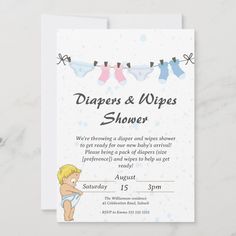 a baby shower is shown with clothes hanging on the line and it says diapers & wipes shower