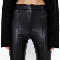 Zara Premium Faux Leather Leggings [Last One] - Size : Available In S - Color: Available In Dark Brown, Tan, Black (Black And Dark Brown Has Been Sold Out, Only Tan Color Left) - High-Waisted Leggings With False Front Pockets. - Hidden Inseam Zippers At Hem. - Front Zip And Button Closure. - Base Fabric: 100% Polyester. - Coating: 100% Polyurethane Fitted Leather Pants With Belt Loops For Winter, Fitted Straight Leather Pants For Winter, Fitted Leather Straight Pants For Winter, Stretch Leather Pants With Belt Loops For Fall, Stretch Leather Pants With Belt Loops, Zara High Waist Leather Bottoms, Fitted Faux Leather Edgy Bottoms, Zara Fitted Straight Leather Pants, Fitted Faux Leather Pants For Winter