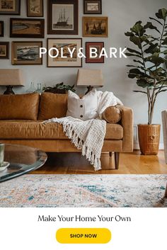 a living room with couches, rugs and pictures on the wall above it