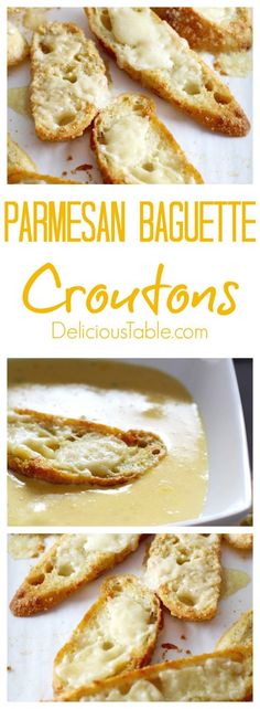 two pictures showing how to make parmesan baguette croutons with melted cheese