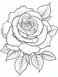 a black and white rose with leaves on the petals is shown in this drawing style