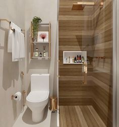 a bathroom with a toilet, shower and shelves on the wall next to each other