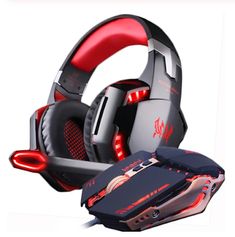 a pair of gaming headphones with red lights on the side and a mouse next to it