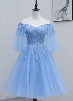 Prom Dress Blue, Homecoming Dresses Lace, Blue Homecoming Dresses, Tulle Sleeves, Color Rush, Dress Homecoming, Blue Tulle, Lace Top Long Sleeve, Short Homecoming Dress