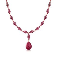 Ruby Drop Necklace in 18kt Yellow Gold Over Silver Elegant Ruby Briolette Necklace, Formal Red Faceted Necklace, Faceted Briolette Jewelry For Formal Occasions, Luxury Faceted Necklaces For Anniversary, Luxury Faceted Necklace For Anniversary, Red Briolette Necklace For Formal Occasions, Formal Pear-shaped Ruby Necklace, Ruby Briolette Necklace In Fine Jewelry Style, Fine Jewelry Ruby Briolette Necklace