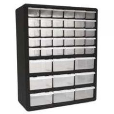 a large black and white storage unit with many bins on it's sides