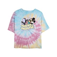 She'll love the look and feel of this Disney's Mickey Mouse Mickey Spiral Tie Dye Juniors' Cropped Graphic Tee. © Disney FEATURES Crewneck Short SleevesFABRIC & CARE Cotton Machine wash Imported Size: Medium. Color: Blue Pink Light Yellow. Gender: female. Age Group: adult. Multicolor Cartoon Print Tops For Disney Fan Events, Casual Tops For Disney Trips, Cute Multicolor Mickey Mouse Tops, Casual Multicolor Mickey Mouse Tops, Mickey Mouse Tie Dye, Disney Tye Dye Shirts, Disney Blue Summer Tops, Multicolor Disney T-shirt For Summer, Tie Dye Disney Shirts