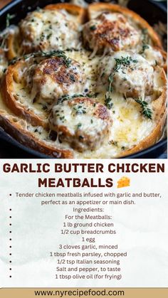 the recipe for garlic butter chicken meatballs in a skillet is shown with instructions