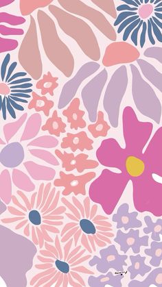 an abstract floral pattern with pink, purple and blue flowers