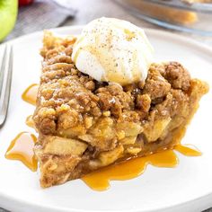 a slice of apple pie with ice cream on top