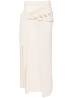 white cotton blend ribbed knit pleat detailing draped panel detail high-waisted elasticated waistband side slit straight hem mid-length Organza Midi Skirt, Aya Muse, Pleats Skirt, Latest Skirts, Yoko London, City Dress, Summer Beach Wear, Light Blue Denim, Ballet Flat Shoes