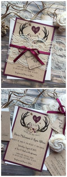 the wedding stationery is set up with antlers, hearts and ribbons on it