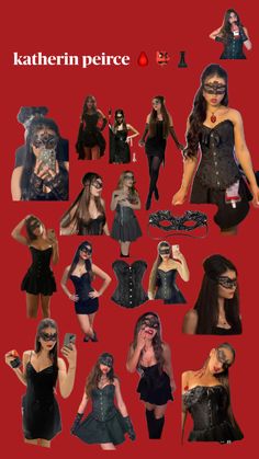 a collage of women dressed up in black clothing and masks, with the caption's name written below