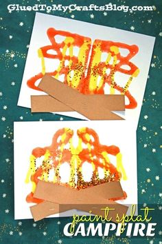 two pictures of orange and yellow melted paper on top of each other with the words paint splat campfire