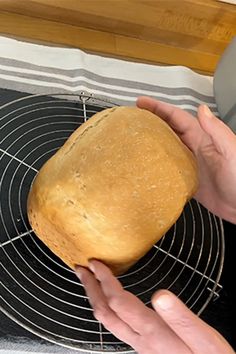 a person holding a loaf of bread on top of a stove