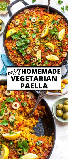 two pans filled with food and the words, my homemade vegetarian paella on top