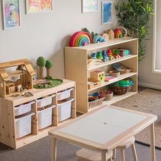 a child's play room with toys and storage