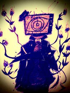 a drawing of a person with a computer on their head, surrounded by plants and flowers