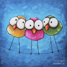 three little birds are sitting on a clothes line