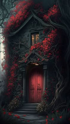 a red door in the middle of a forest with trees and flowers growing on it