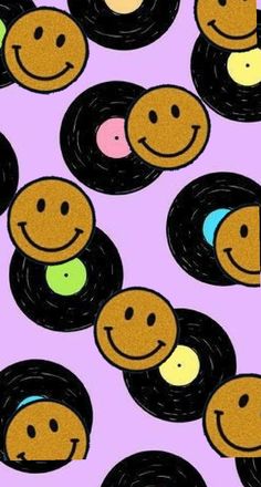 an image of smiley faces made out of vinyl records on a purple background with circles