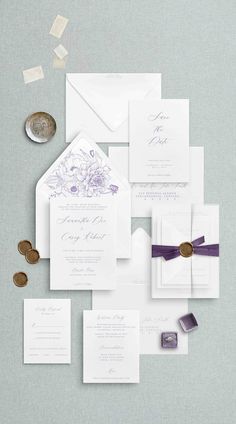 These simple elegant wedding invitations are perfect for any bespoke, classic, or black tie wedding. You can decorate them with white envelopes or a color that best matches with your wedding theme.  *INCLUDED IN THE SUITE* -A7 (5x7) invitation  -RSVP Card -Details Card -A7 Envelope -RSVP Envelope (envelopes will come in white unless requested through Etsy messages or email) *Note: Ribbon, belly bands, envelope calligraphy/addresses, envelope liner and wax seals are NOT included. These are options that can be added on with a custom order* *SAMPLE SET* Sample sets will include a full suite. They will NOT have your personalized details written on them. Sample sets are pre-printed to be ready to ship as soon as possible.  *ADD-ONS* These items are not included with the order but can be added o Simple Elegant Wedding Invitations, Classic Wedding Invites, Wedding Invitations Purple, Wedding Invitations Luxury, Envelope Calligraphy, Simple Elegant Wedding, Traditional Wedding Invitations, Calligraphy Envelope, Purple Wedding Invitations