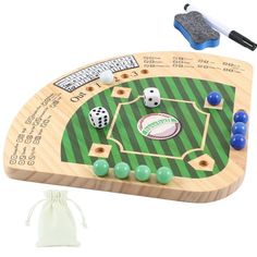 a wooden board game with dices and balls