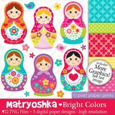 matryoshka bright colors digital paper set for crafts and scrapping, including russian nesting dolls