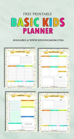 the free printable basic kids's planner is shown in four different colors and sizes