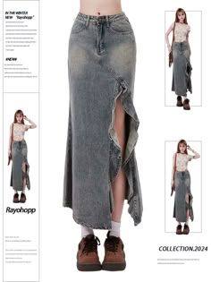 A denim skirt with a bold slit for a feminine look.

The fabric is not too hard and you can wear it without feeling constricted.

A versatile item that can be coordinated in a variety of ways depending on the season.
◾️Model
Height/Weight：160cm(62.9in)/45kg(99.2lb)
Fitting Size：M
◾️Material
cotton 90%
viscose 10%



Size (cm)
Skirt Length
Waist
Hip


S
77
63
88


M
79
67
92


L
81
71
96


XL
83
75
100 Streetwear Long Skirt, Jeans Turned Into Skirt, Skirt Out Of Jeans Diy, Embroidered Jean Skirt, Denim Skirt Design, Mermaid Denim Skirt, Jean Skirt Pattern, Cute Long Skirts, Long Skirt Ideas