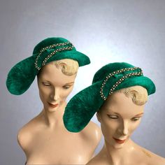 Lovely vintage 1930s plush Kelly green faux fur asymmetric hat. It features a gorgeous green rhinestone and pearl encrusted front design and hat pin. Interior circumference: 21" Condition: Lovely vintage condition. Normal wear. Please, zoom into the photos and look closely. SHOP POLICIES  Please, carefully look at the pictures closely. We are precise with descriptions and want to make sure that it looks great on you. Also, please feel free to ask any questions you might have during your decision Hat Pin, Hat Pins, Kelly Green, Hair Accessories Headbands, Front Design, Shop Policies, Looks Great, Faux Fur, Art Collection