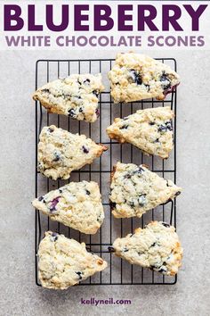 blueberry white chocolate scones on a cooling rack with text overlay that reads, how to make blueberry white chocolate scones