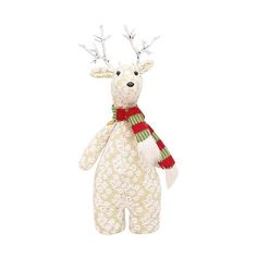 a stuffed animal wearing a scarf and reindeer antlers