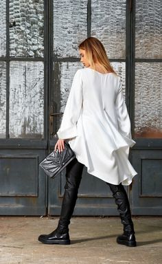 Women Tunic, White Tunic Top, Plus Size Tunic, Boho Tunic, Bohemian Clothing, Asymmetric Loose Tunic Black Hooded Coat, Women Tunic, Steampunk Dress, White Tunic Tops, Plus Size Tunic, Funky Dresses, Loose Tunic, Bohemian Clothing, Oversized Tunic