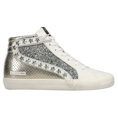 Unleash your inner star with this new high top that dazzles with its silver glitter and gold upper. Size: 6.5.  Gender: female.  Age Group: adult. Trendy Metallic High-top Sneakers, Metallic High-top Sneakers With Speckled Midsole, Silver High-top Sneakers With Glitter Accents, White High-top Sneakers With Glitter Accents, Silver Glitter Sneakers For Streetwear, High-top Bling Sneakers For Streetwear, Casual Sparkling High-top Sneakers, Casual High-top Sparkling Sneakers, Silver High-top Sneakers With Speckled Midsole