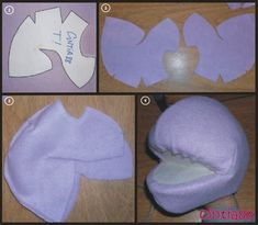 four pictures showing how to make an origami hat with felt and paper machs