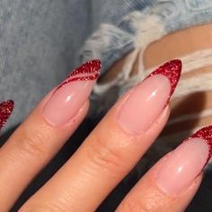 Nails For Xmas And New Year, Glittery Red Nails Almond, Almond Nails December, Lowkey Christmas Nails, Red Nail Styles, Holiday Nails Winter Christmas Red, Red Nails New Year, Nails For Christmas And New Years, Red Glitter Tip Nails